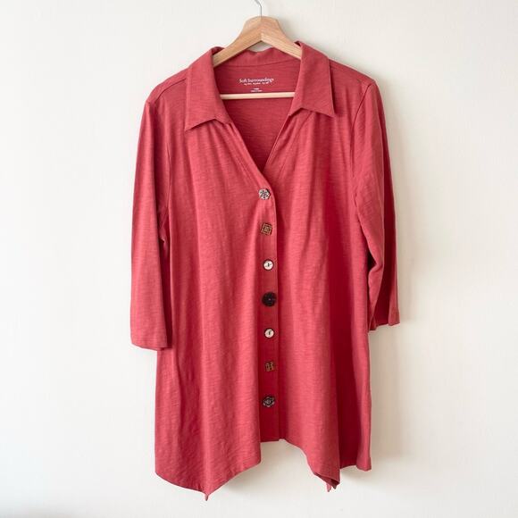 Soft Surroundings Finley Tunic Top Woman’s size L Terracotta Brown Button Front - Picture 1 of 12